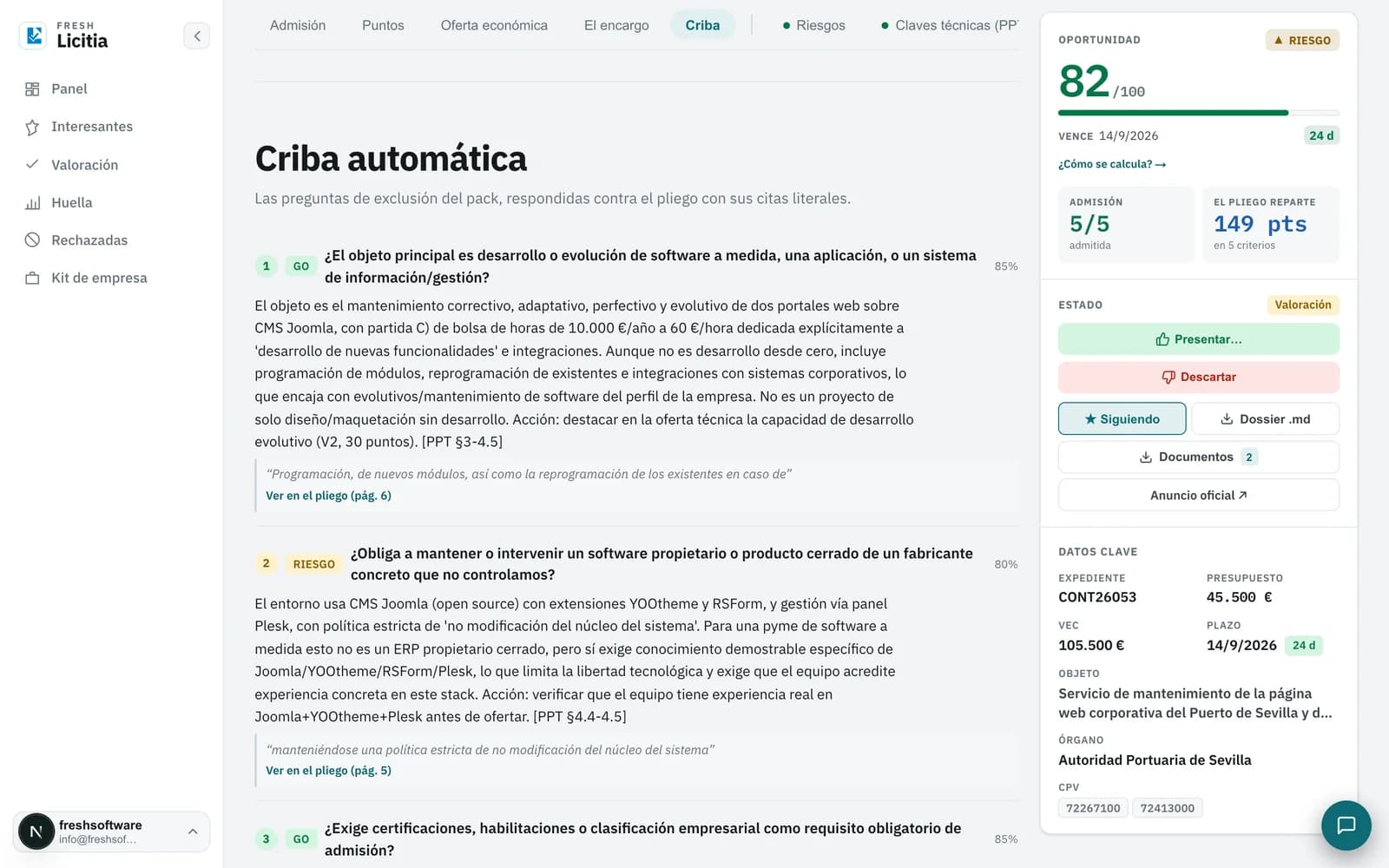 Motor «Criba» sobre una licitación real en Fresh Licitia: la criba con su veredicto